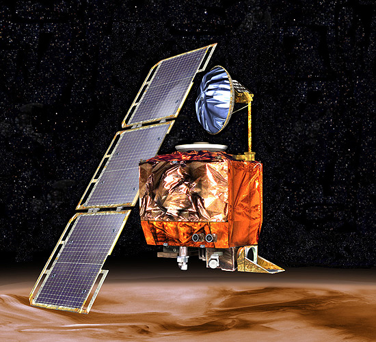 Artist's concept of Mars Climate Orbiter in orbit above Mars, NASA illustration Source: NSSDCA Master Catalog mars98orb.jpg