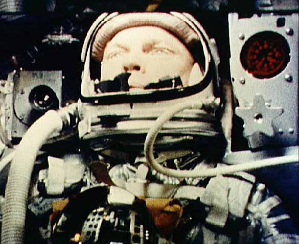 John Glenn in the USA's first manned orbital flight, MA-6, Friendship 7, NASA photo Source: NSSDCA Master Catalog mercury_glenn.jpg