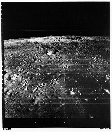 Lunar Orbiter 2 photo looking northward, oblique view of Copernicus crater on the Moon, NASA photo lo2_m162.gif