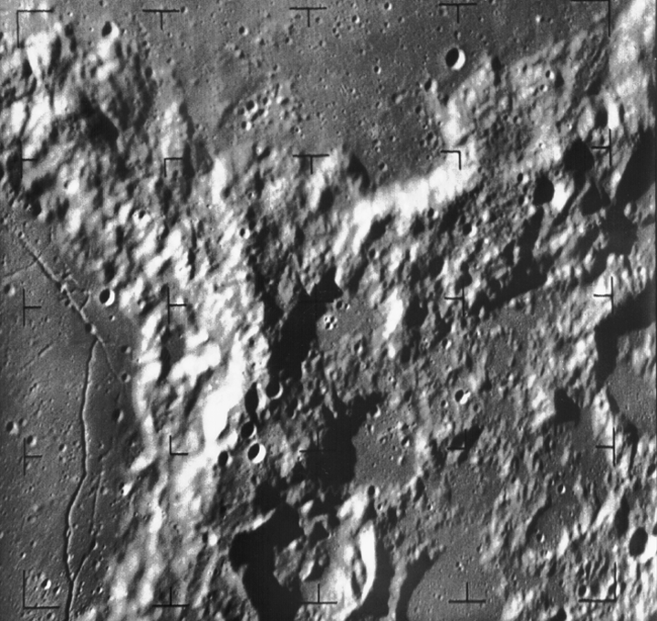 NASA Ranger 9 photo, Northeast rim of Alphonsus crater from 700 km Source: NASA Goddard Space Flight Center ra9_b035.gif