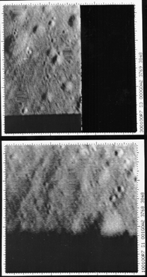 Last Ranger 7 pictures taken before impact on the Moon, NASA imagesThe last frame was cut off when the spacecraft impacted the surface before completing its transmission. ra7_p200.gif