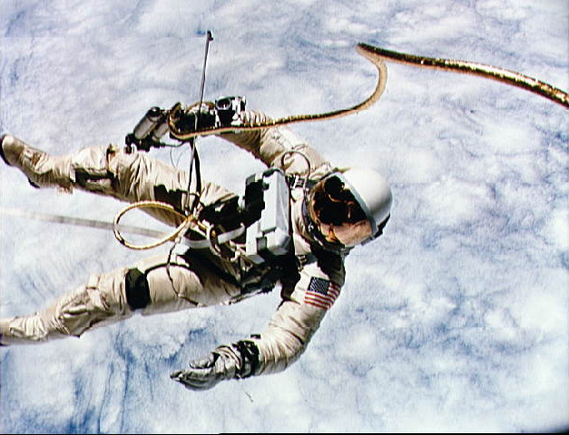 Ed White performing America's first spacewalk, during the Gemini 4 mission Source: NSSDCA Master Catalog gemini_4.jpg