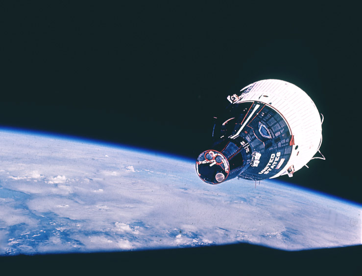 Gemini 7 in orbit above the Earth, as seen from Gemini 6A in rendezvous, NASA photo Source: NSSDCA Master Catalog gemini_7.jpg