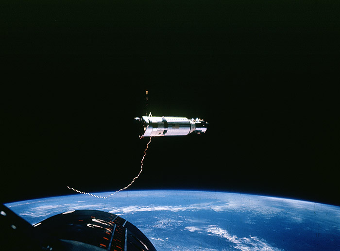 GATV-11 in orbit, from Gemini 11 after the two were tied together, tether hanging loose in the foreground Source: NSSDCA Master Catalog gemini_atv_11.jpg