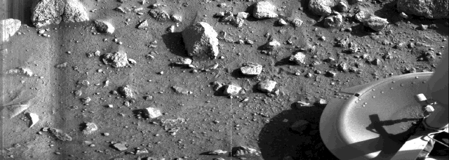 NASA's Viking 1 Lander touched down on Mars on the western slope of Chryse Planitia (the Plains of Gold) at 22.3 deg N latitude, 48 deg longitude, and returned the first-ever close-ups of the Martian surface.